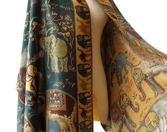 Elephant Scarf Shawl Golden Glitter Pashmina Style Vegan Fabric Wrap Shawl Women Scarf gift For Her Mothers Mom seg04 Dark Green