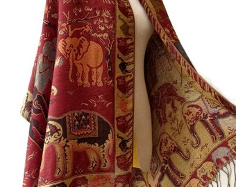 Elephant Scarf Shawl Golden Glitter Pashmina Style Vegan Fabric Wrap Shawl Women Scarf gift For Her Mothers Mom seg08 Dark Red
