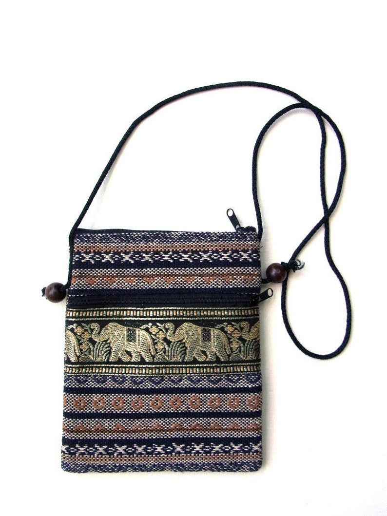 Small Mini Travel Bag Passport Money Cell Phone Neck Pouch Sling Cross body Zipper 2 Compartments Elephant Ethnic Cotton P18 Brown