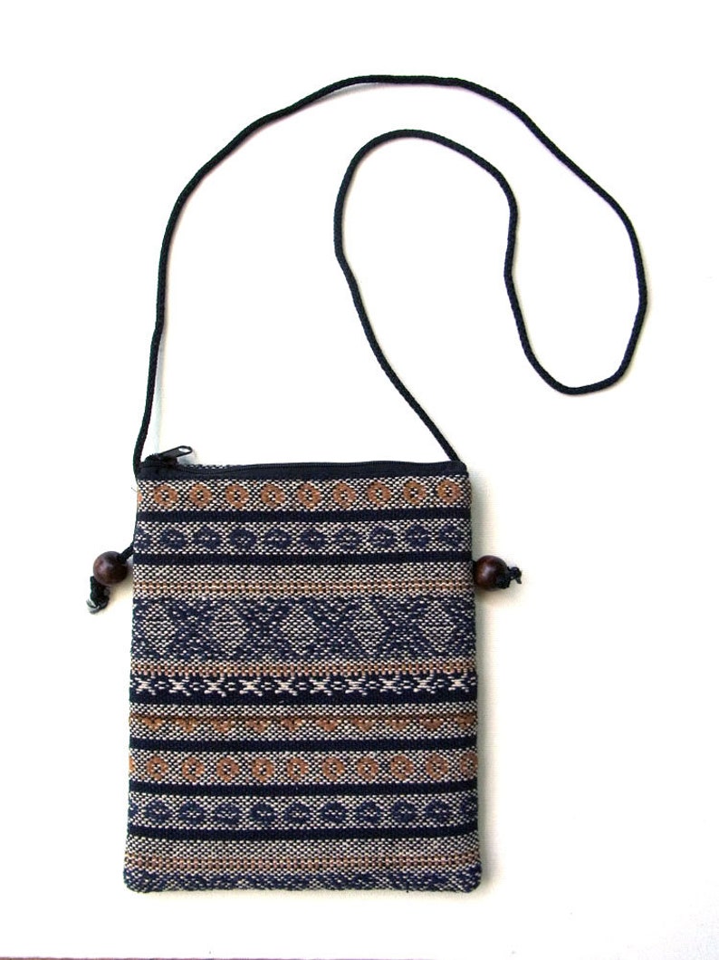 Small Mini Travel Bag Passport Money Cell Phone Neck Pouch Sling Cross body Zipper 2 Compartments Elephant Ethnic Cotton P18 Brown