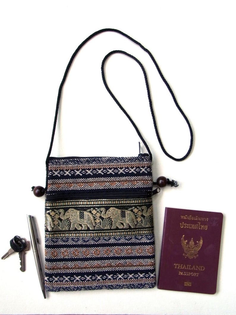 Small Mini Travel Bag Passport Money Cell Phone Neck Pouch Sling Cross body Zipper 2 Compartments Elephant Ethnic Cotton P18 Brown