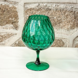 Empoli Brandy Balloon Glass in Teal Jade Green Art Glass Italian 1960s/70s Vintage Diamond Optic Snifter