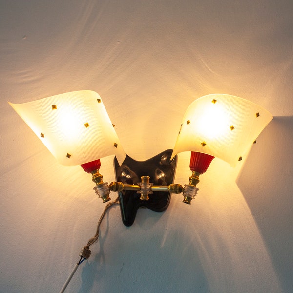 Pivoting Double Wall Sconce in Red & Black Plastic Plexiglass 1950s FRENCH MCM Vintage Lights