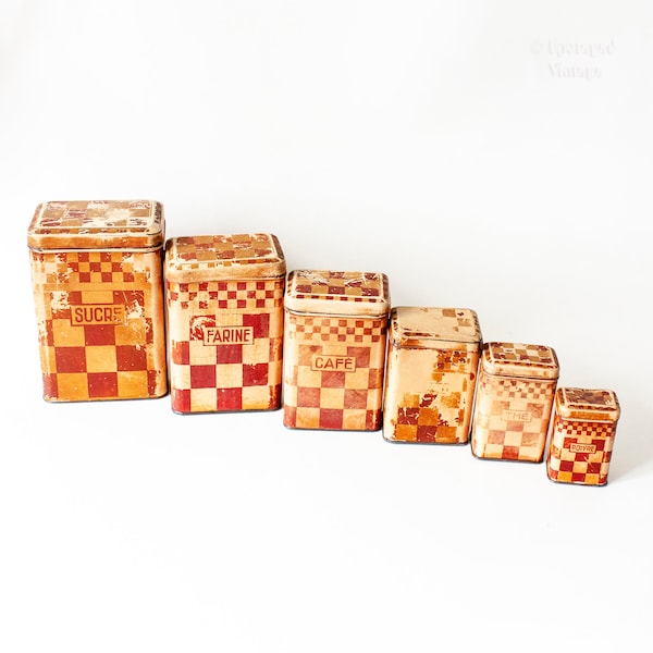 Chequered Storage Tins Set of 6 Nesting French Antique 1920s/30s Metal Canisters Lustucru