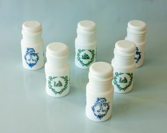 Milk Glass Spice Jars SIX Vintage Retro 1960/70s White Italian Storage Canisters Green & Blue Designs