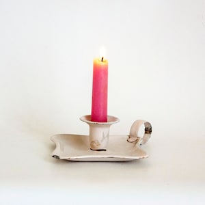 White Enamel Candle Holder Hand Held French Vintage Chamberstick