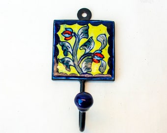 FRENCH Tile Coat Hook Yellow and Blue Ceramic Vintage Porte-Manteau Patère