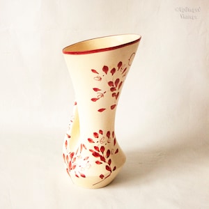 Ceramic Vase with Red Floral Design Hand Decorated FRENCH Vintage Art Pottery