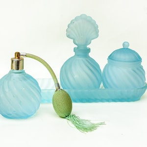 Perfume Atomizer Set in Vintage Frosted Blue French Glass with Tray