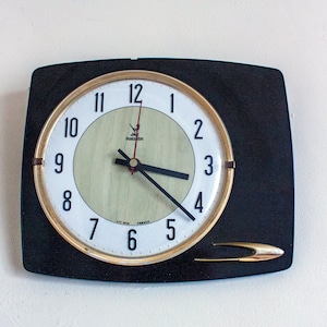 JAZ 1950s Wall Clock Black Formica & Gold Details French Vintage in WORKING order
