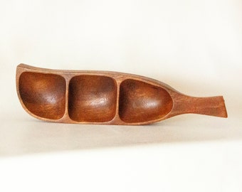 Teak Snack Dish Vintage Mid Century Serving Tray Divided into 3 Compartments with Handle