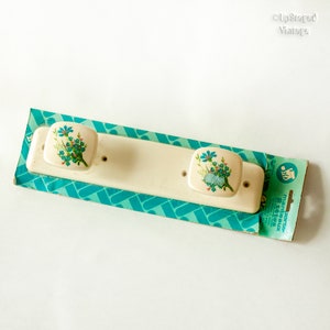 French Vintage Plastic Coat Hooks: Blue Cornflower Design, NOS
