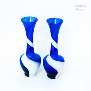 PAIR of Vases in Cobalt Blue & White Opaline Stripe Swirl Glass Vintage Empoli