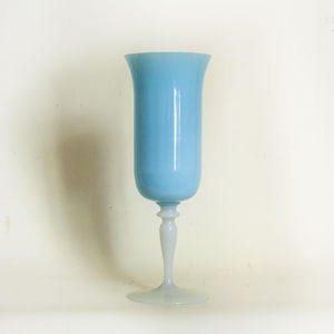 EMPOLI Blue Opaline Glass Stem Vase with Iridescent White Base Italian Vintage