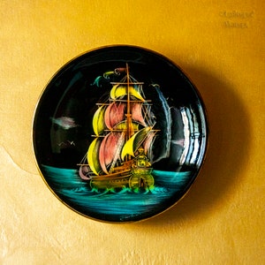 Vintage Ship Wall Plate: 1960s Monaco Art Pottery, Signed
