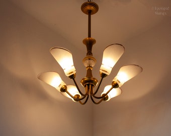 French 6-Arm Chandelier 1950s Vintage Gold Tone Ceiling Light with Frosted Glass Shades