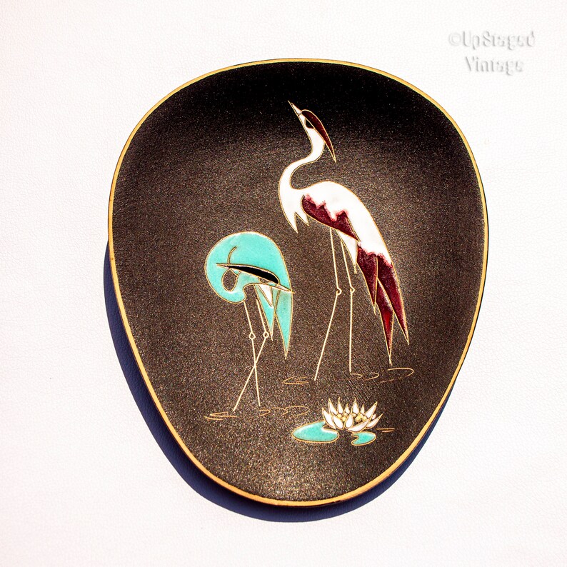 Vintage 1950s Stork Design RUSCHA Art Pottery Engobe Wall Plate Hand Made and Signed West German Pottery 7391
