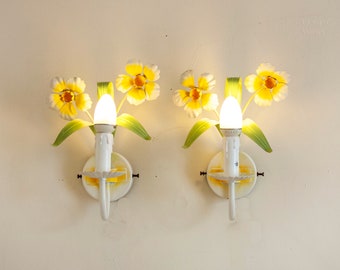 Daisy Flower Sconces FRANZÖSISCHES Vintage PAAR Toleware Wandleuchten