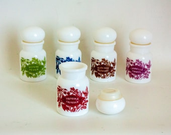 Set of 5 Milk Glass Spice Jars Vintage Retro 1960/70s White Belgian Storage Canisters