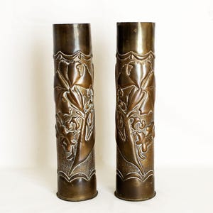 WWI Trench Art Shell Vase Pair: French Art Nouveau Lily Design