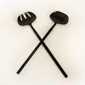 Salad Server Set Black Plastic Spoon & Fork 1970s Vintage