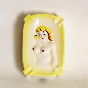 Pin-Up Girl Ashtray 1950s Vintage Porcelain Topless Winking Blonde Double Sided