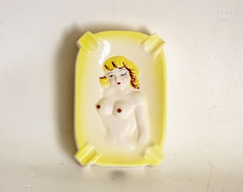 Pin-Up Girl Ashtray 1950s Vintage Porcelain Topless Winking Blonde Double Sided