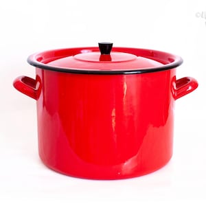 Großer roter Emaille Suppentopf, Marmelade Pfanne mit Deckel