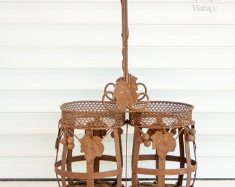 Wine Bottle Carrier FRENCH Rustic Metal with Vine Leaf Design