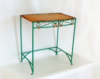 Vintage Wicker Side Table with Green Iron Frame Basketwork Rattan French Shabby Chic
