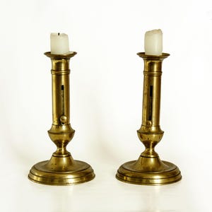 Sliding Brass Candle Stick Holders PAIR of Adjustable French Antique Candlesticks Chambersticks