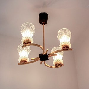 4-Arm Chandelier 1970s Space Age Gold Tone Vintage Ceiling Light with Clear Glass Shades