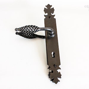 May include: A vintage-style, dark metal door handle with a decorative, twisted handle and a keyhole. The handle is mounted on a rectangular plate with ornate leaf-shaped accents at the top and bottom. The overall design is reminiscent of antique hardware.