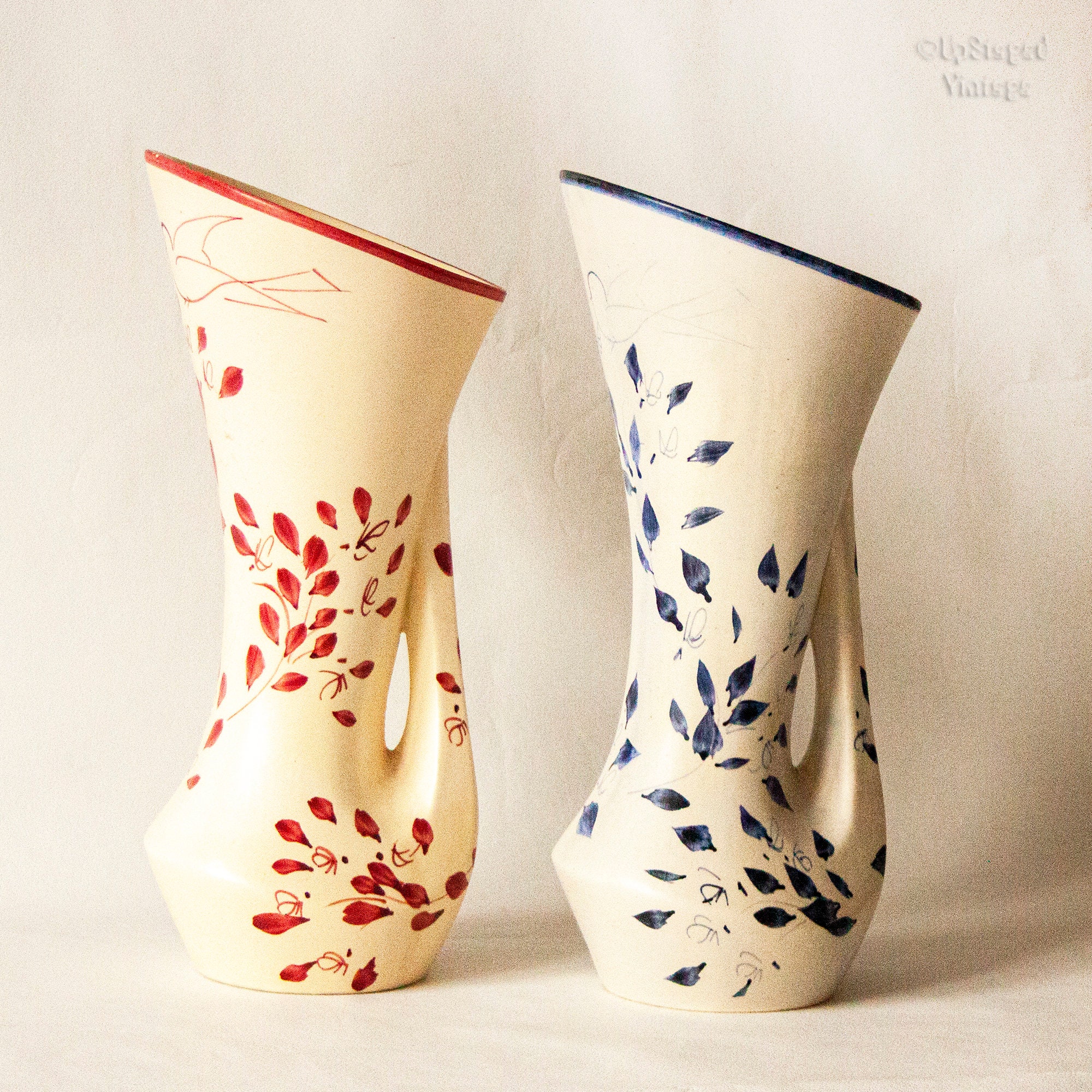 Ceramic Vase With Blue Floral Design Hand Decorated FRENCH Vintage