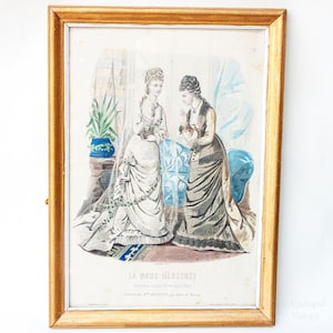 Bridal Fashion Plate from La Mode Illustrée 1877 French Lithographic Print in Frame
