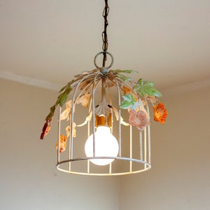 Floral Toleware Birdcage Light Fixture FRENCH 1970s/80s Vintage Cream & Orange Painted Metal Pendant Light