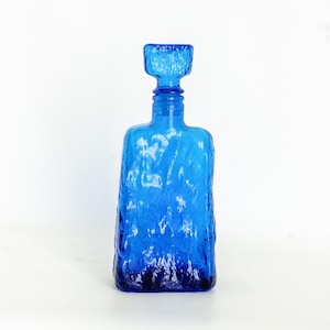 Blue EMPOLI Glass Bark Texture Decanter Genie Bottle with Stopper 1960s-70s Italian Vintage