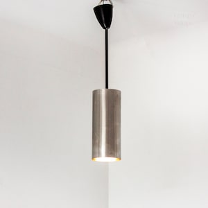 Cylinder Pendant Ceiling Light Fixture in Brushed Steel French MCM Vintage