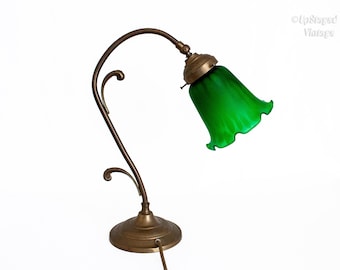Art Nouveau Table Lamp FRENCH Vintage Light with Green Pate de Verre Shade