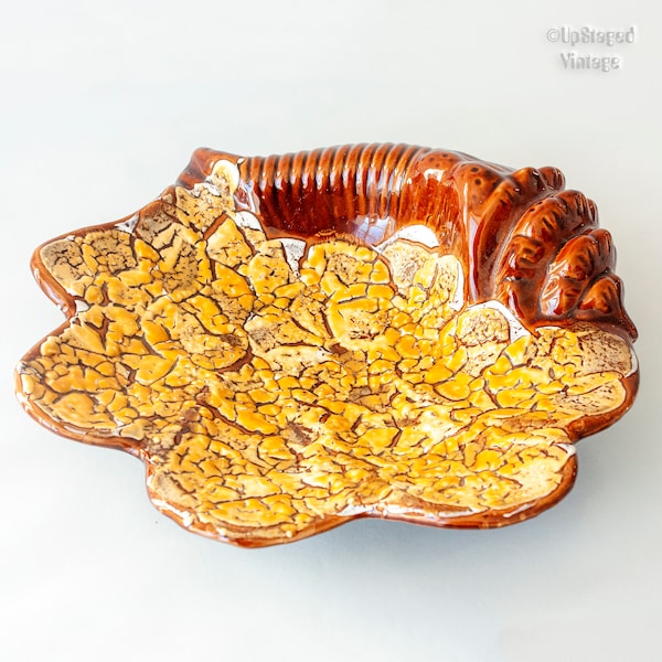 Emaux de Miel Fruit Bowl French 1960s Vintage Large Yellow & Brown  Honeycomb Shell Shaped Cyclope/Vallauris