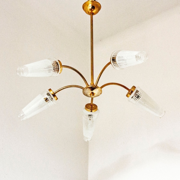 Chandelier with 5-Arms French Vintage 1960s Gold Metal and White Glass Cone Shades