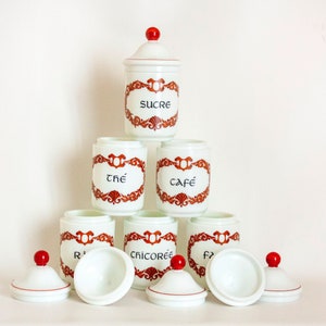 Milk Glass Apothecary Jar Kitchen Canisters French Vintage Set of 6 Storage Pots with Lids