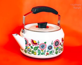 White Floral Enamel Tea Kettle 1970s French Stove Top Kettle