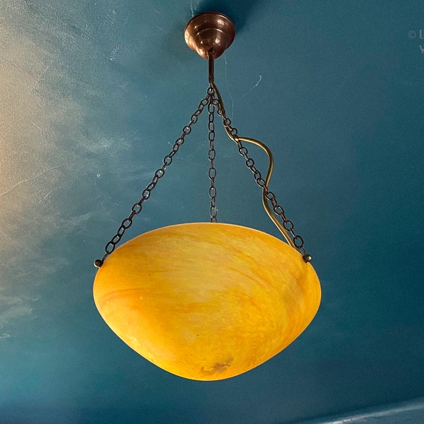 Orange Paté de Verre Saucer Uplighter FRENCH Vintage Swirled Glass Pendant Ceiling Light