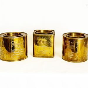 Three Brass Tea Coffee Sugar Tins Vintage Kitchen Storage Cannisters