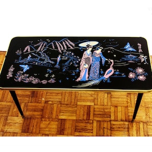 Geisha Coffee Table 1960s/70s Black Top Pink & Blue Japanese Style French Vintage