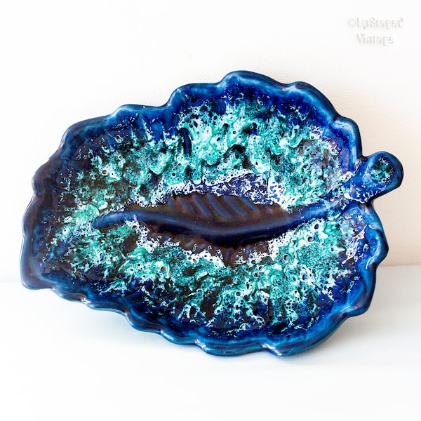 Blue Ceramic Fruit Bowl Vintage 1960s Large Ecume de Mer Leaf Shaped Dish French Cyclope/Vallauris