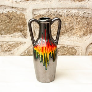 Italian Black & Orange Vase with Twin Handles 1960s/70s Vintage Ceramic
