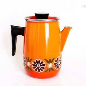 Orange Floral Enamel Coffee Pot 1970s French Stove Top Kettle