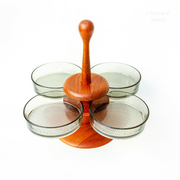 Teak and Smoked Glass Lazy Susan Snack Serving Tray Rare 1970s Mid Century Vintage